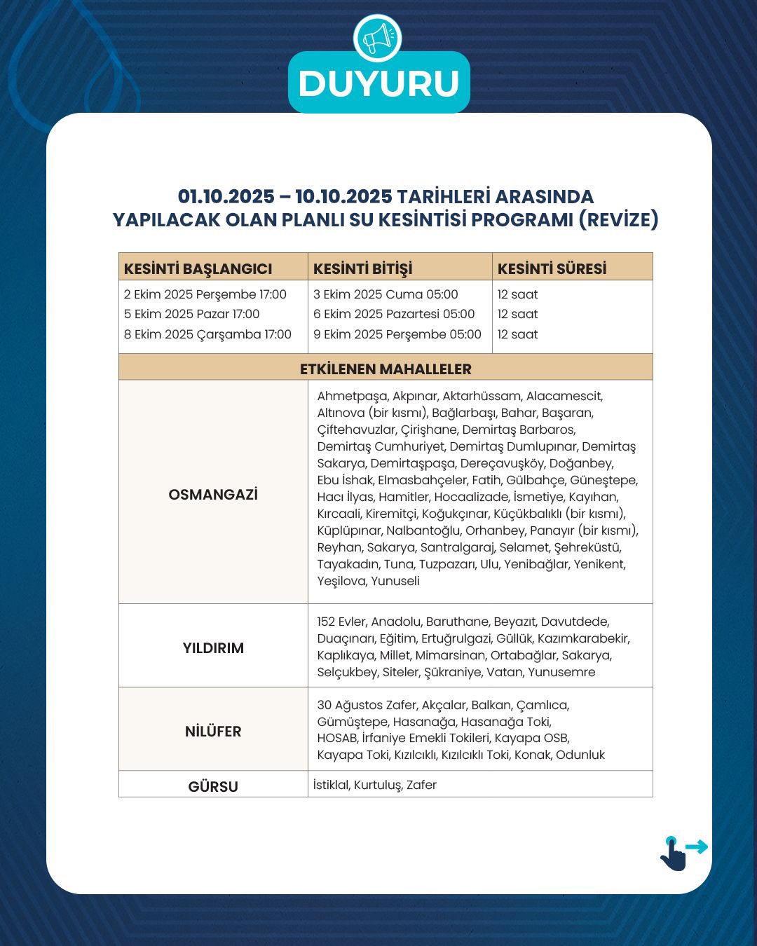 BURSA’DAKİ PLANLI SU KESİNTİLERİNDE GÜNCELLEME 