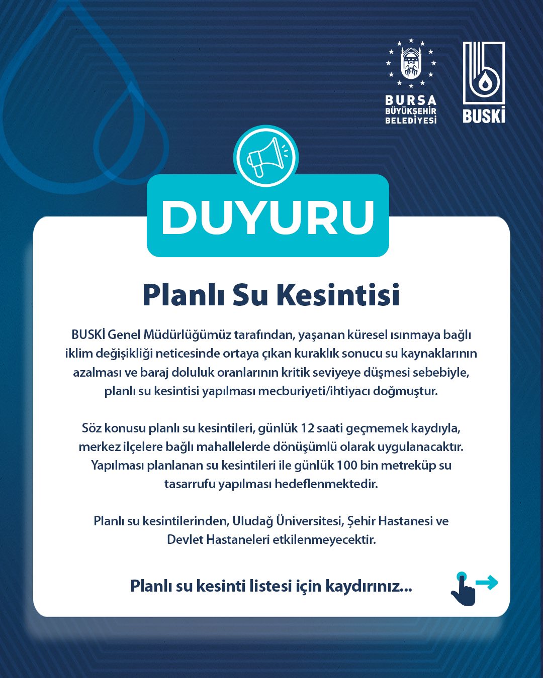 BURSA’DAKİ PLANLI SU KESİNTİLERİNDE GÜNCELLEME 
