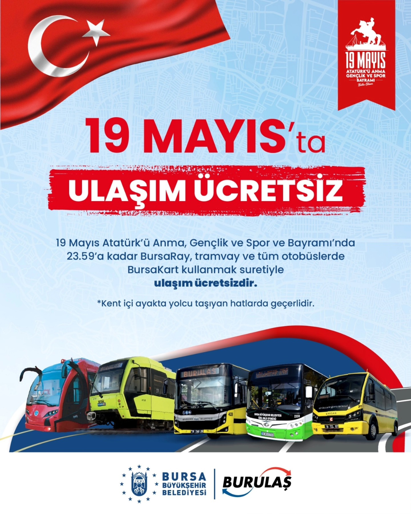 Bursa’da 19 Mayıs’ta ulaşım ücretsiz 